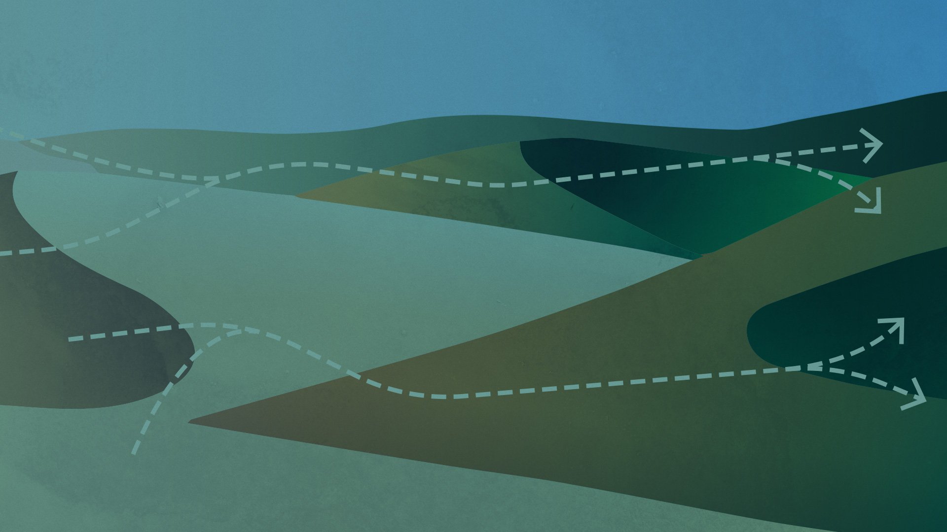 A brown and green landscape sits behind dashed white arrows pointing from left to right.