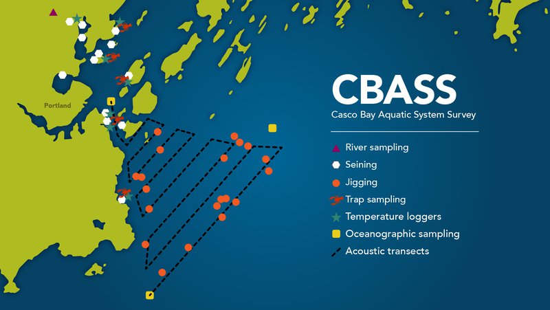 This is a map with blue and green representing water and land, with individual colored icons that represent different sampling sites and methods.