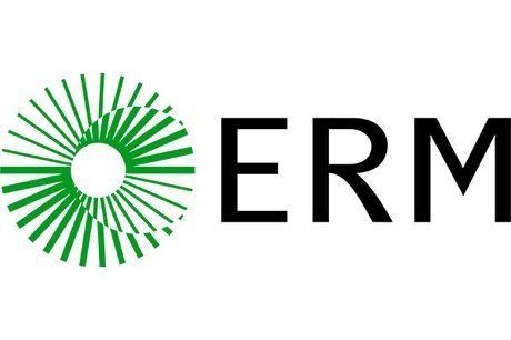 This is a logo for ERM. The text is black and the designed graphic is green.