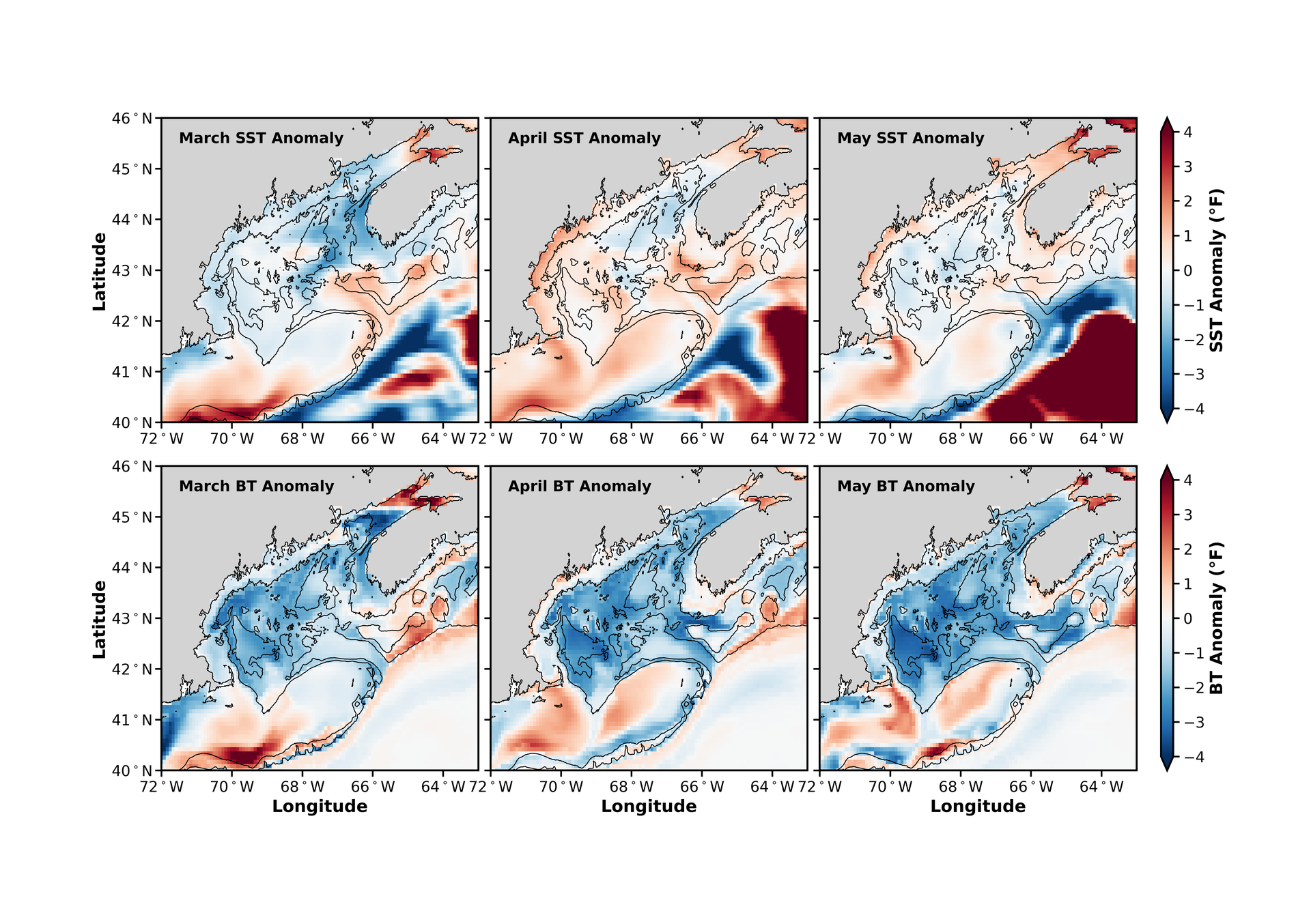 Monthly mean SST and BT spring 2026