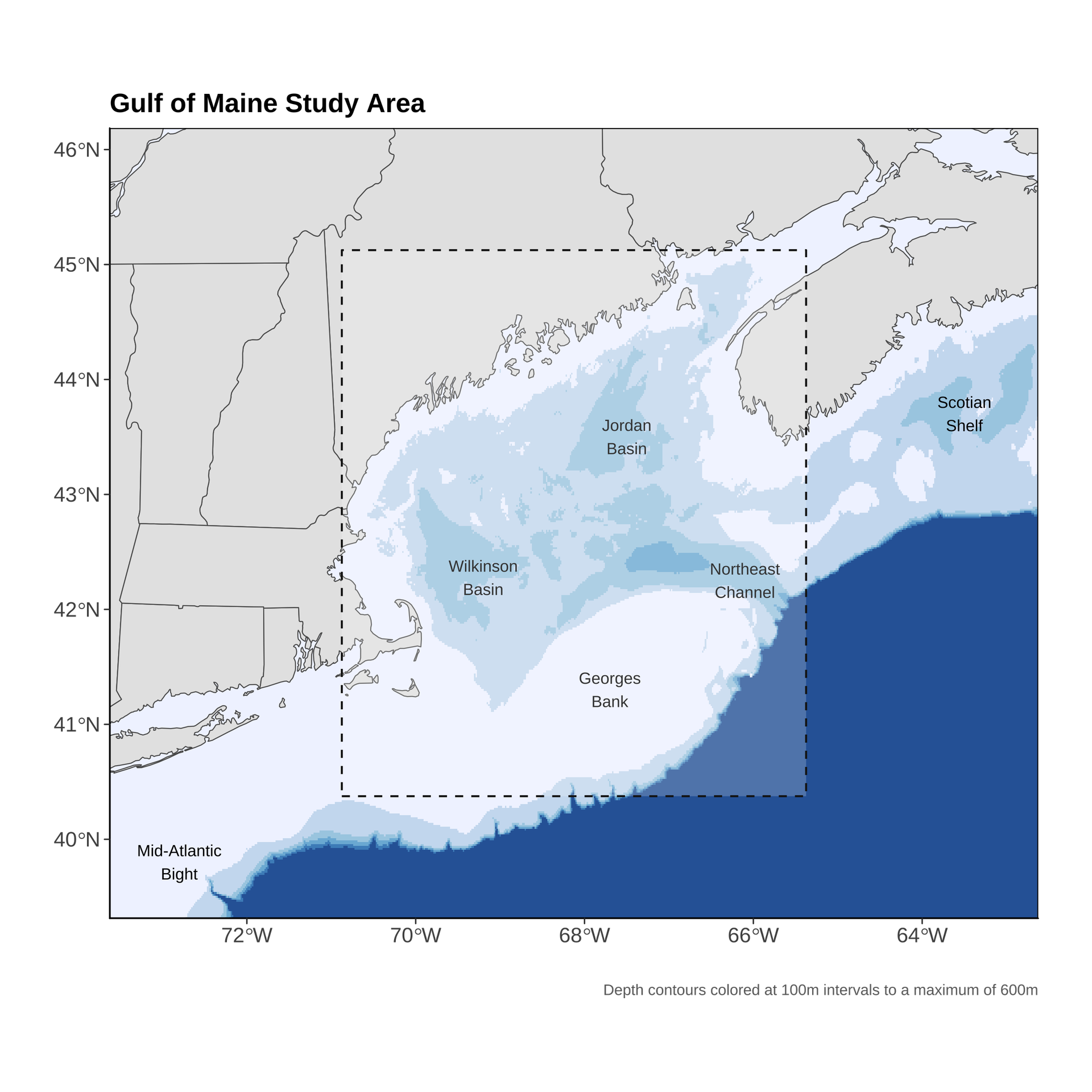 Figure 10. A dashed rectangular line marks the spatial domain used for Gulf of Maine SST analyses. Depth contours colored at 100m intervals with all depths greater than 600m shown in dark blue.