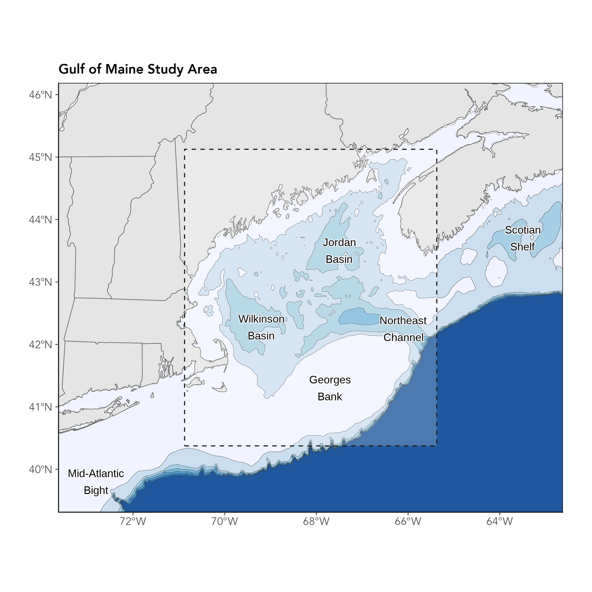 Figure 7. Spatial domain used for Gulf of Maine SST analyses. For this body of work we use longitudinal bounds of: -70.875 W to -65.375 W, and latitudinal bounds of: 40.375 N to 45.125 N. Depth contours are colored at 100 m intervals up to 600 m; deeper blues indicate deeper off-shelf water depths.