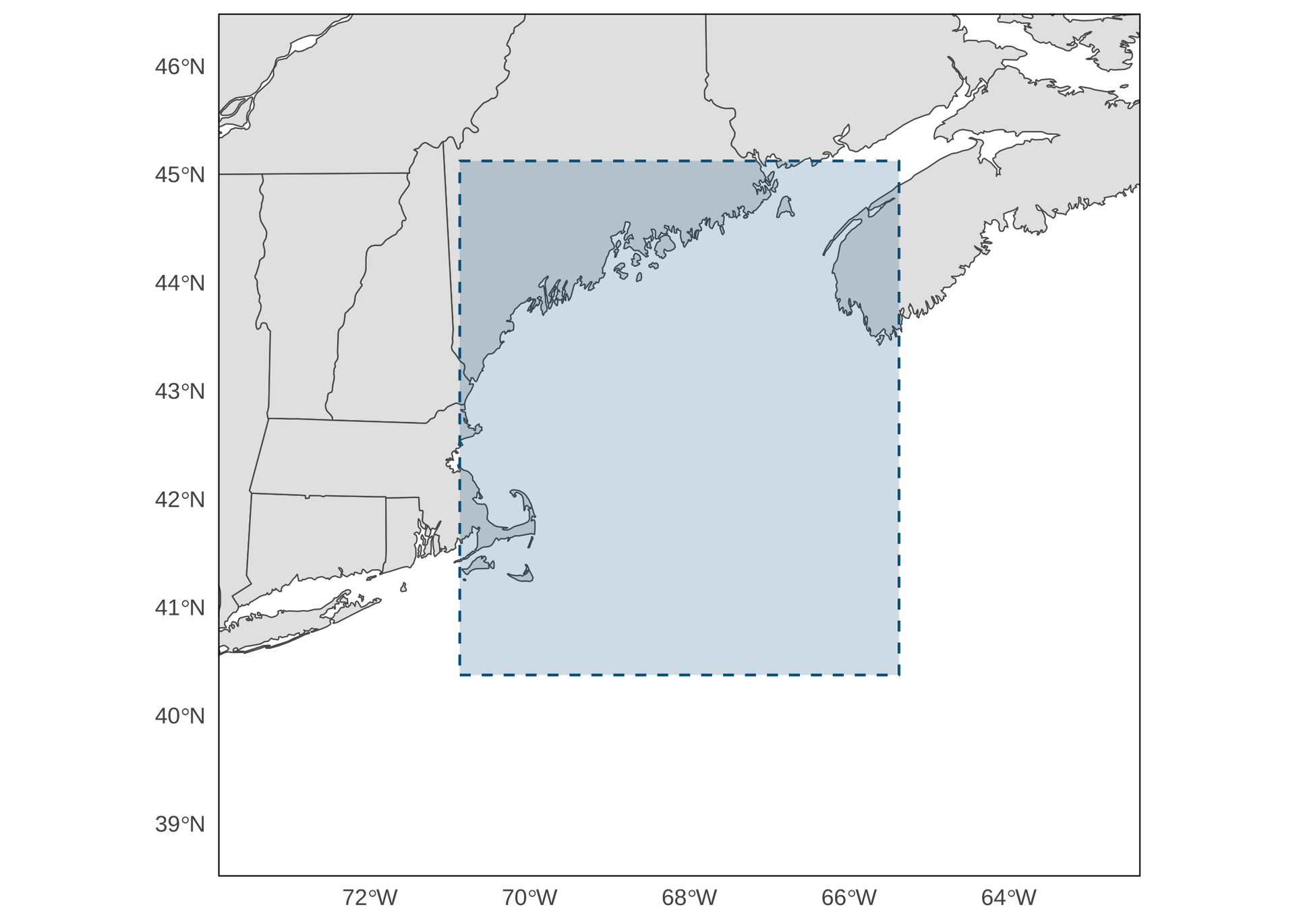 A map that identifies the spatial domain used for Gulf of Maine SST analyses presented herein, which stretches from Cape Cod to Nova Scotia.