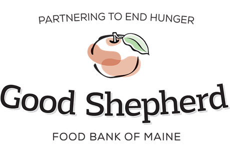 This is a logo for Good Shepherd Food Bank. There is a watercolored apple in the center of the image.