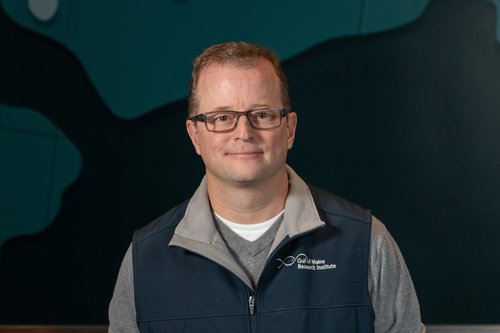 A staff portrait of a man in glasses, a blue vest, and a gray shirt.