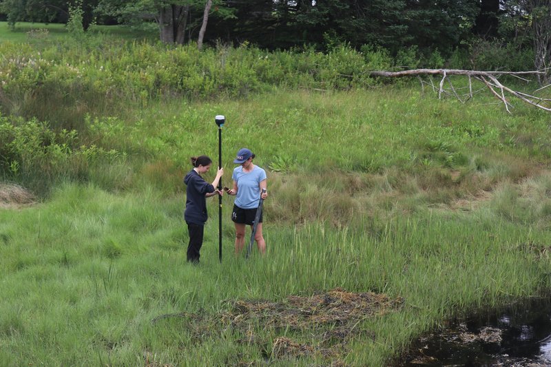 Two researchers stand on a grassy area with elevation measuring tools.