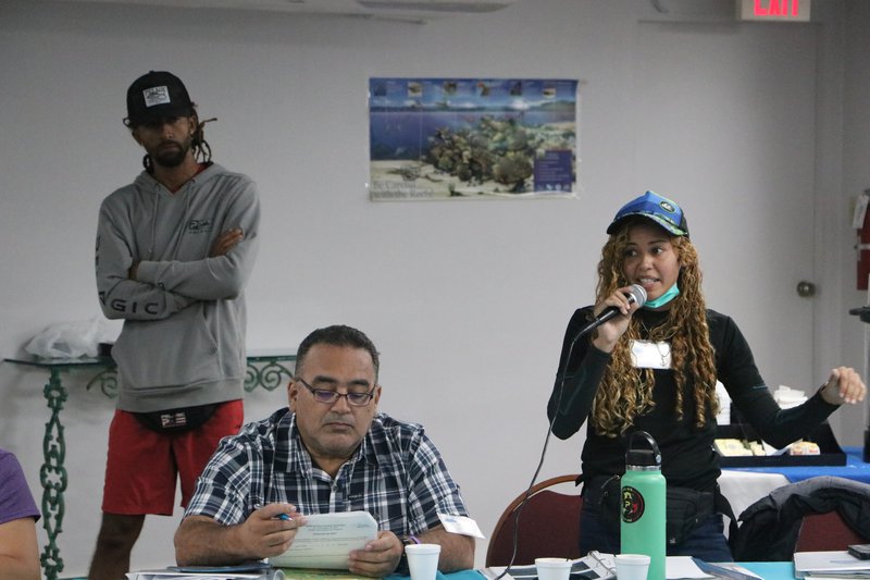 Workshop participants listen as a woman talks through a microphone.