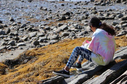 A young girl sits on a rocky beach with a notepad.