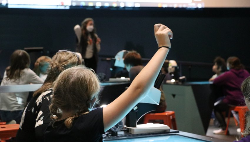 A student raises her hand in our Cohen Center for Interactive Learning.