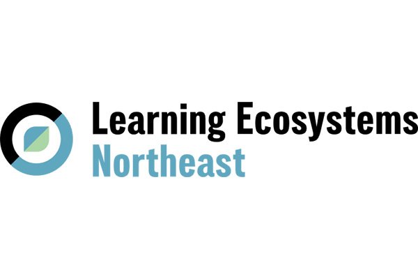 This is a logo for Learning Ecosystems Northeast that has blue and green, with black letters.