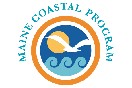 The Maine Coastal Program logo has two shades of blue for the sky and water, a yellow sun, an orange outer ring, and white for the gull.