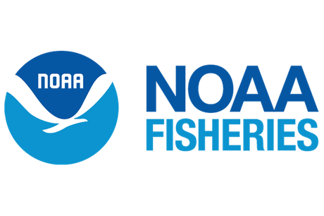 This is a logo for NOAA, with a circular NOAA logo on the left (dark blue on top, white dividing line, and light blue on bottom), and the words NOAA FISHERIES on the right (NOAA is in dark blue, stacked on top of FISHERIES which is in light blue).