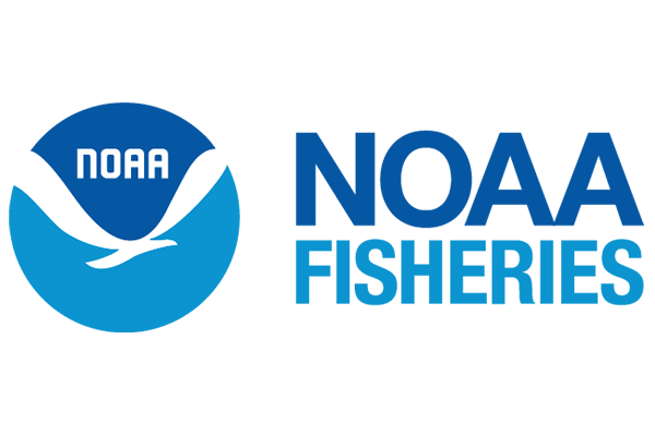 This is a logo for NOAA, with a circular NOAA logo on the left (dark blue on top, white dividing line, and light blue on bottom), and the words NOAA FISHERIES on the right (NOAA is in dark blue, stacked on top of FISHERIES which is in light blue).