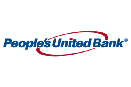 A blue text and red swoosh logo for People's United Bank.