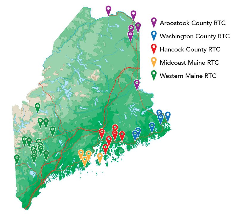 a map displays the locations of RTC clusters, which can be seen in Aroostook, Washington, and Hancock counties, as well as Midcoast and Western Maine.