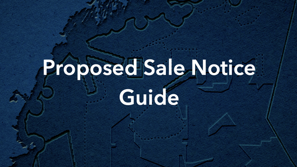 screenshot of PDF cover reading "proposed sale notice guide" in front of blue gulf of maine chart background
