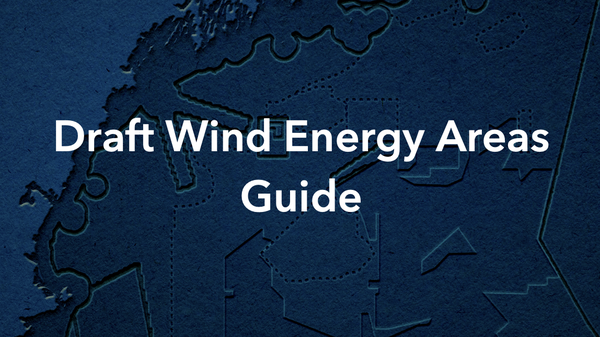 screenshot of pdf cover reading Draft Wind Energy Areas Guide with blue gulf of maine chart background
