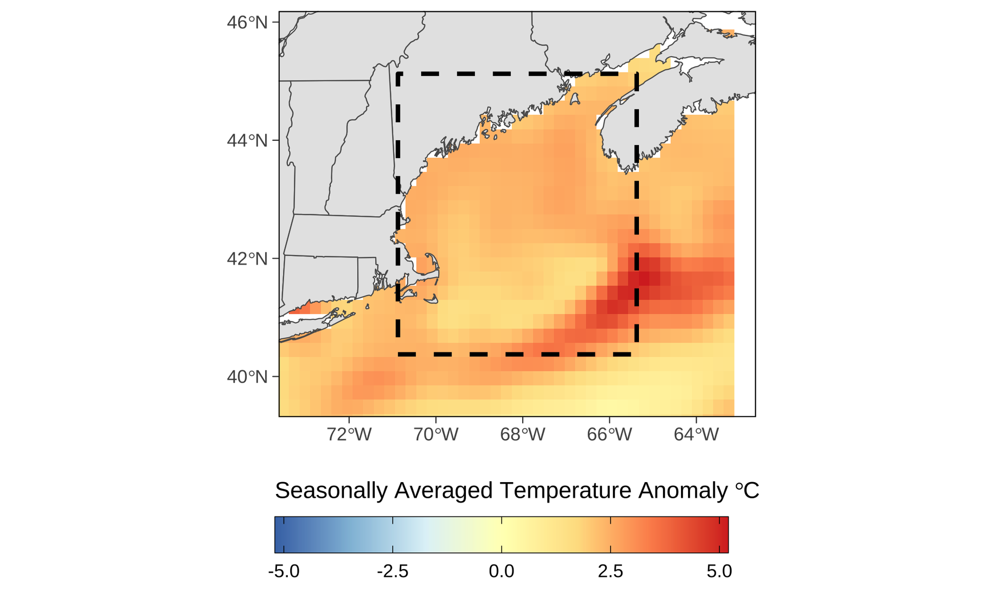 Fig.2. A map illustrating the seasonally averaged SST anomaly in the Gulf of Maine. The box denoted with a dashed black line indicates the study area for this analysis.