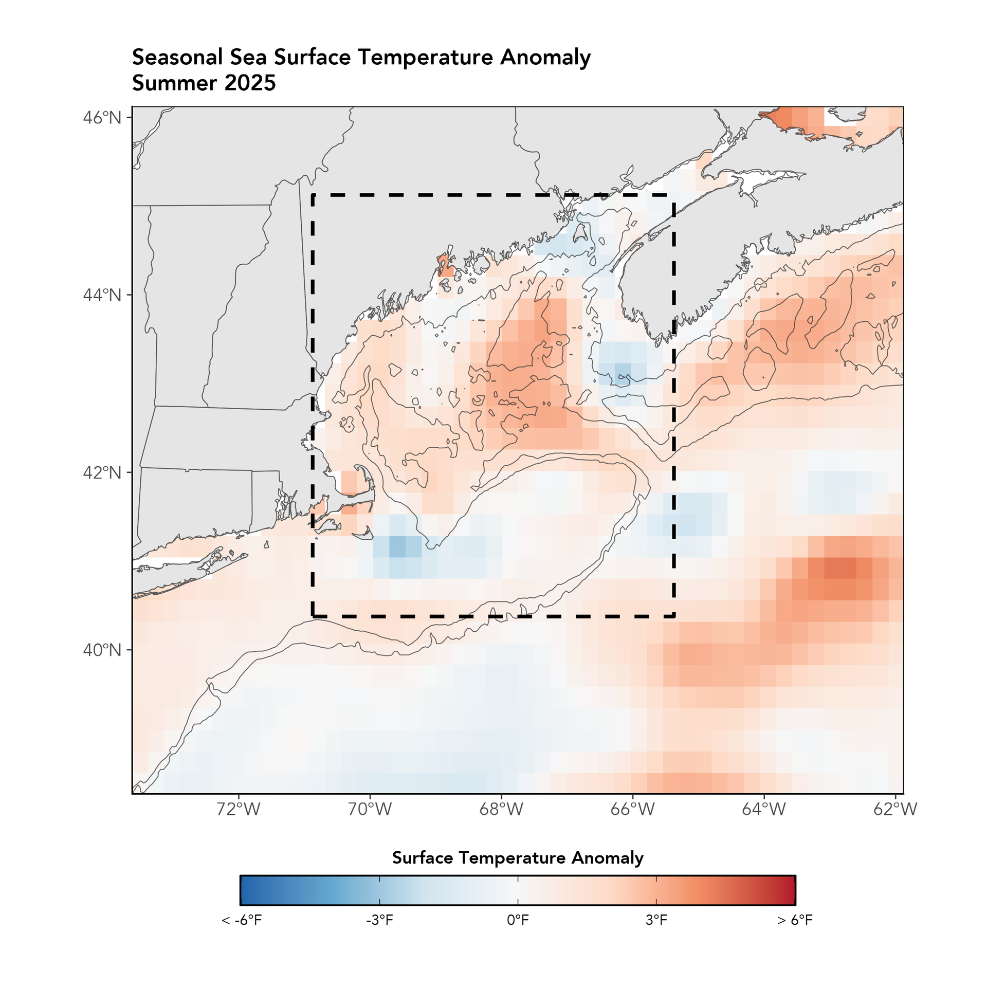 Figure 5. Map of average SST anomalies for each grid cell in the satellite record for summer 2025. The box outlined by the black dashed line denotes the region of study for the analysis (see Figure 7). Darker red regions indicate warmer anomalies, and darker blue regions indicate cooler anomalies. Black contours have been added at 100m and 200m depths.