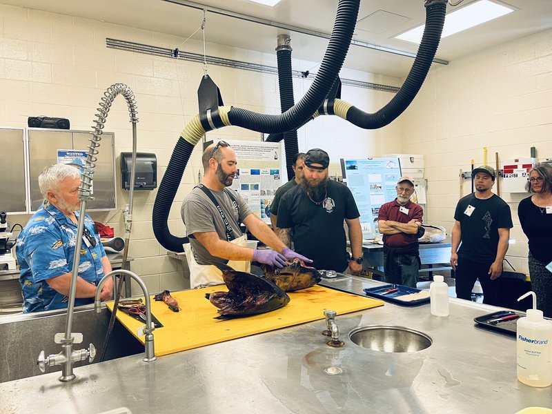 A man is giving a presentation on fish head dissection in a wet lab.