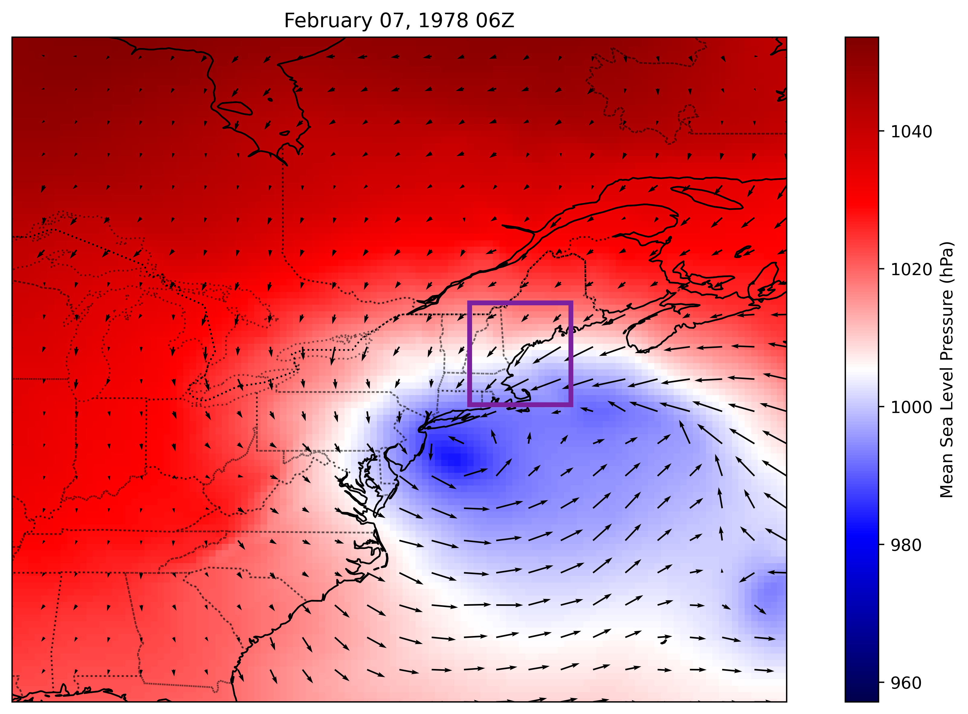 The famous blizzard of 1978 was a Nor'easter, and you can see the wind direction arrows run parallel with Maine's coast. This storm still did immense damage because it stalled over Rhode Island and drove an intense storm surge due to prolonged winds.