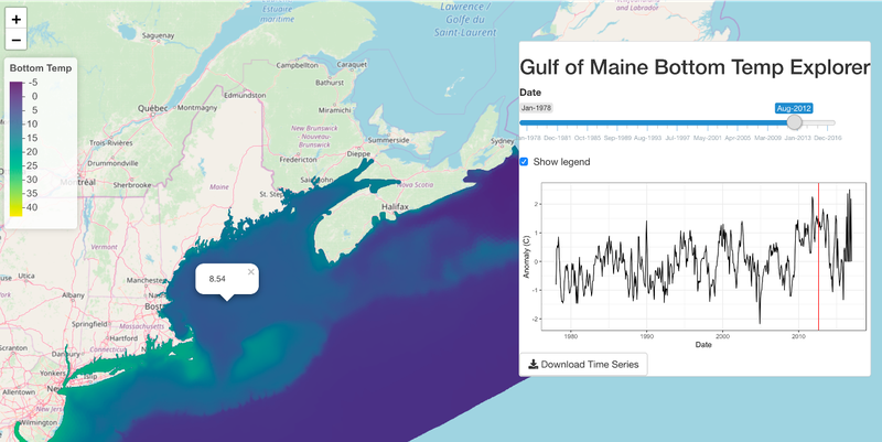 This image depicts shows different shades of blue in the gulf of maine representing different bottom temperatures throughout the region, over time.