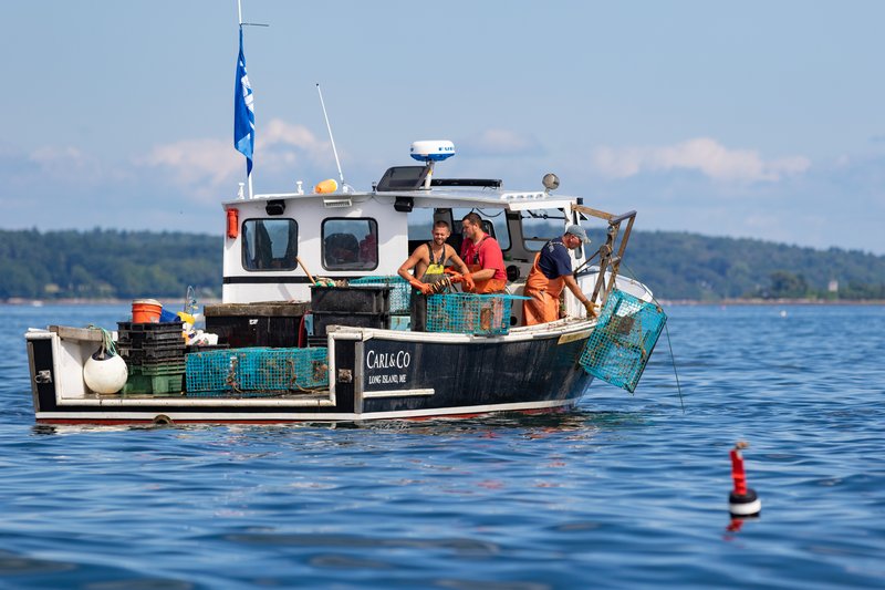 This is a picture of lobstermen on a boat handling cages.