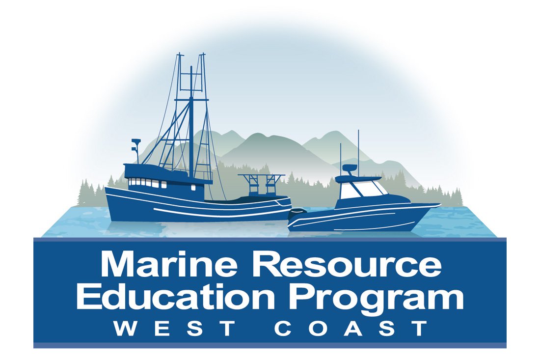 This graphic depicts blue boats on blue water, with green mountains in the background above a block of white text on blue background that reads: "Marine Resource Education Program West Coast"