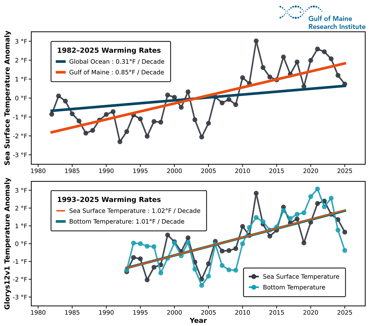 Figure 1. Annual mean sea surface and bottom temperature anomalies in the Gulf of Maine. (Top panel, 1a) Annual mean SST anomalies from the NOAA OISST dataset (1/4° resolution) from 1982 to 2025. Linear trendlines for the Gulf of Maine (orange) and the global ocean (blue) highlight the substantially faster warming in the region relative to the global mean. (Bottom panel, 1b) Annual mean SST and BT anomalies from the Glorys12v1 reanalysis (1/12° resolution) from 1993 to 2025. Linear trendlines indicate comparable warming rates at the surface and bottom in recent decades.