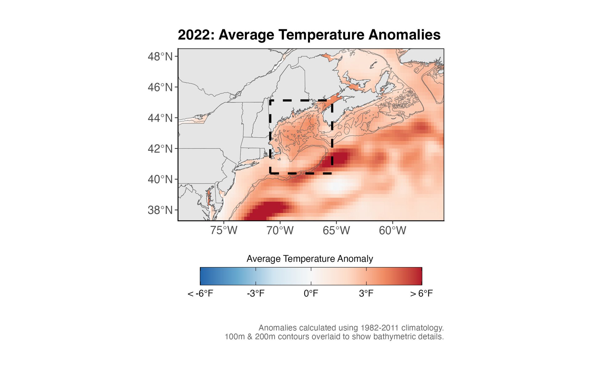 Figure 3. Map of annual average SST anomalies in 2022. The box outlined by the black dashed line denotes the region of study for the analysis presented throughout this report.