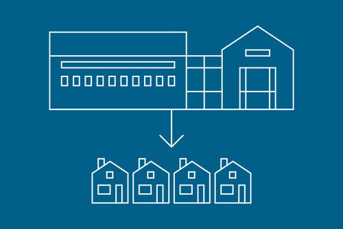 line art illustrates the GMRI lab with an arrow pointing toward a row of houses