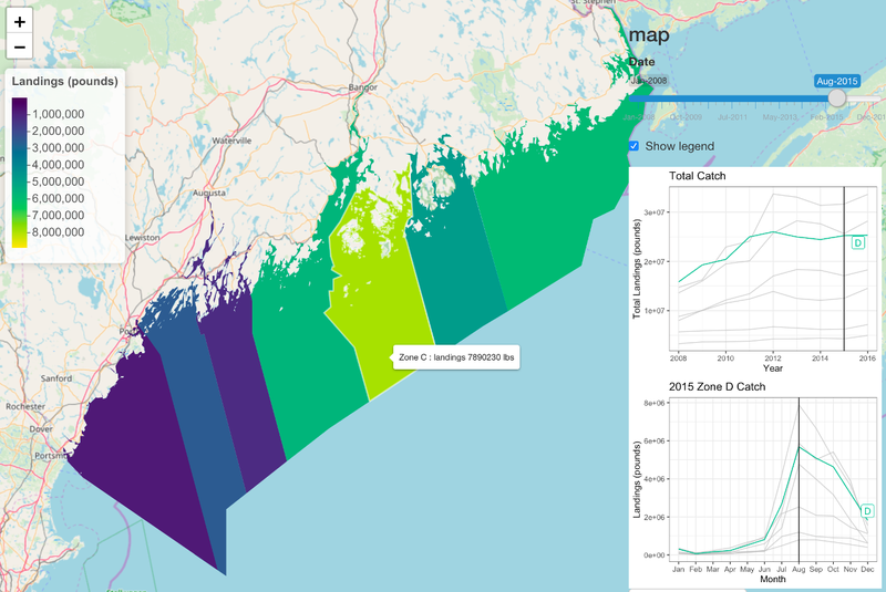 A map that shows different colors for different levels of lobster landings.