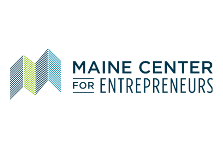 This is a logo that reads "Maine Center for Entrepreneurs" in navy blue with a white background with an abstract logo to the left of the words in green and light blue.