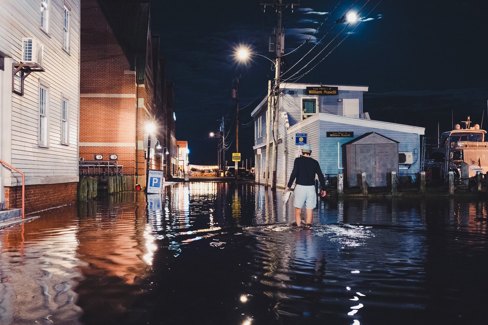 Portland Pier, Portland, ME, inundated with water during a King Tide event in July of 2022