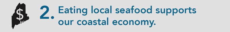 A grey background appears behind blue text that reads: "2. Eating local seafood supports our local economy." On the left side of the banner, the state of maine is outlined in black, with a big grey dollar sign stretching across the state.