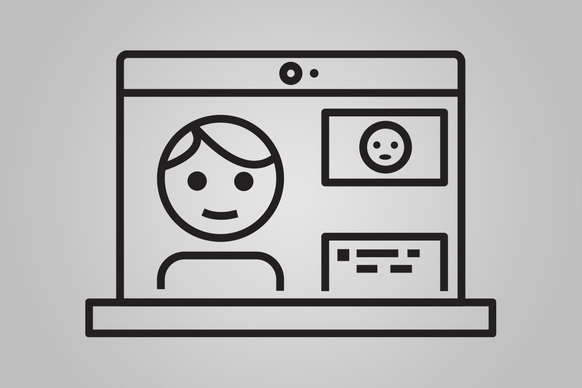 line art depicting a video chat on an open laptop