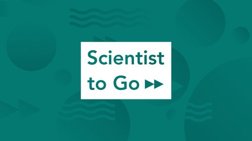 This is a graphic for our "Scientist to Go" in teal, with a white box.