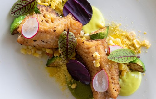 Colorful seafood plate with pan fried fish, leaves, radish, and corn