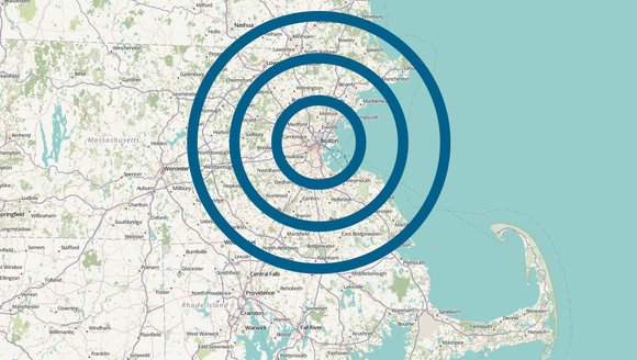 Three blue concentric circles sit on a map of the East Coast with Boston centered in the middle of the circles.