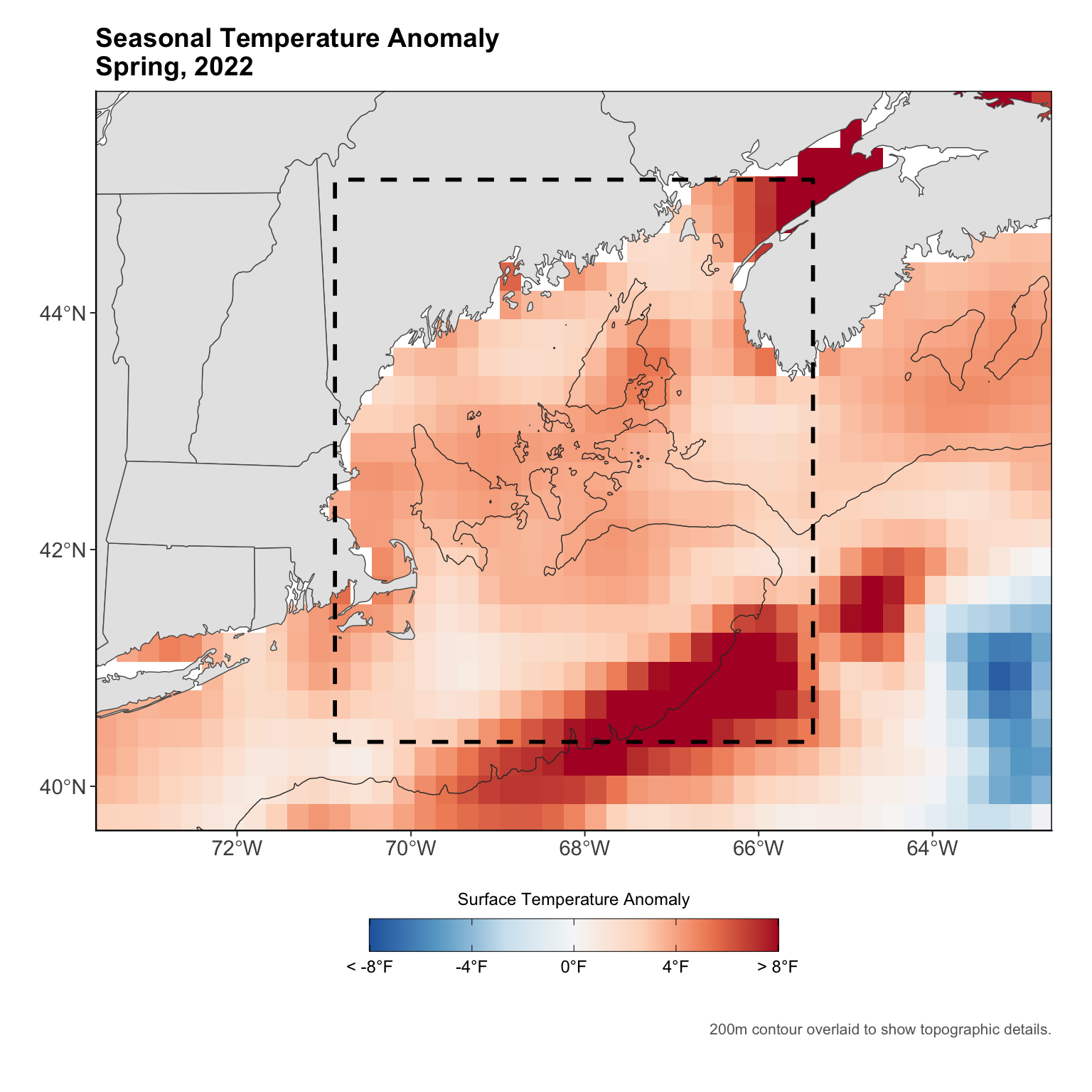 Fig. 7. Map of average SST anomalies in spring 2022. The box outlined by the black dashed line denotes the region of study for the analysis. Darker red regions indicate stronger anomalies.