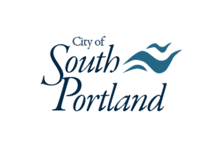 Blue text that reads "City of South Portland" with three, blue wave-like graphics in the upper right