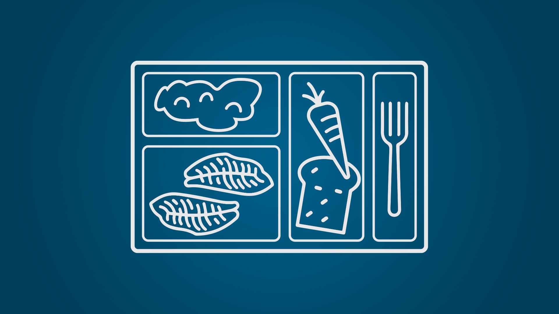 line art displays icons of potatoes, carrots, fish, a piece of bread, and a fork on a lunch tray