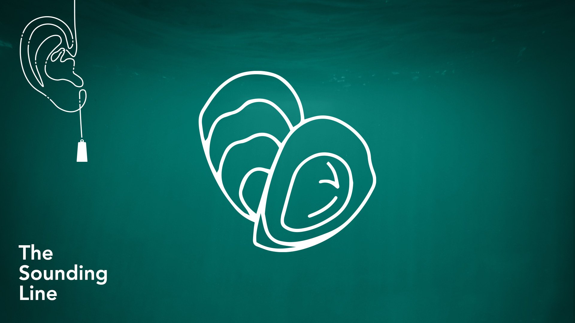A teal background has white, line-drawn icons on top of it in the shape of oysters. In the top left, there is a line-drawn icon in the shape of a ear lobe, and the words "The Sounding Line" appear in white at the bottom left.