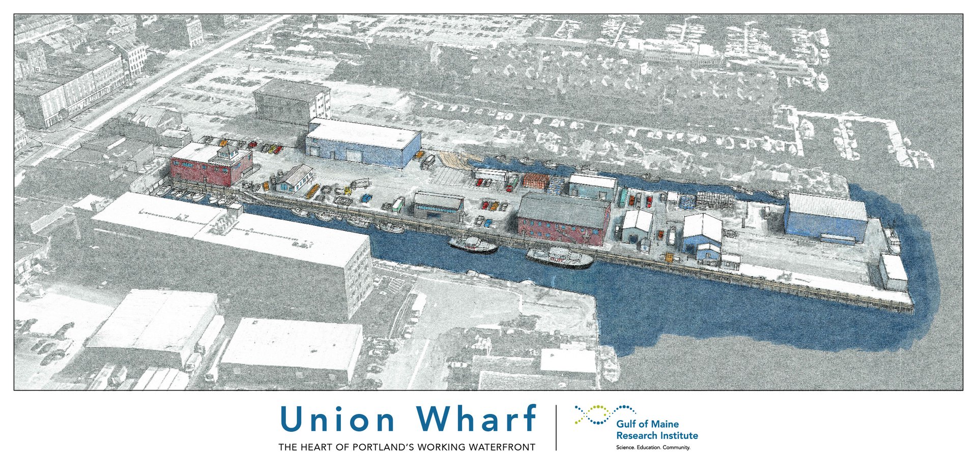 A architectural drawing and watercolor shows union wharf in color set within an otherwise black and white waterfront.