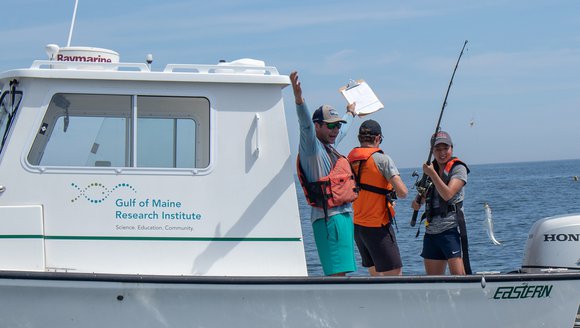 Research Tech and Vessel Safety Officer Zachary Whitener with Interns on the Gadid (Research Vessel)